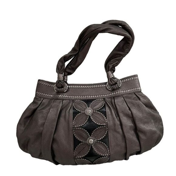 Brighton Pewter Leather Mon Amie Shourlder Handbag Embroidered Floral - Picture 1 of 7
